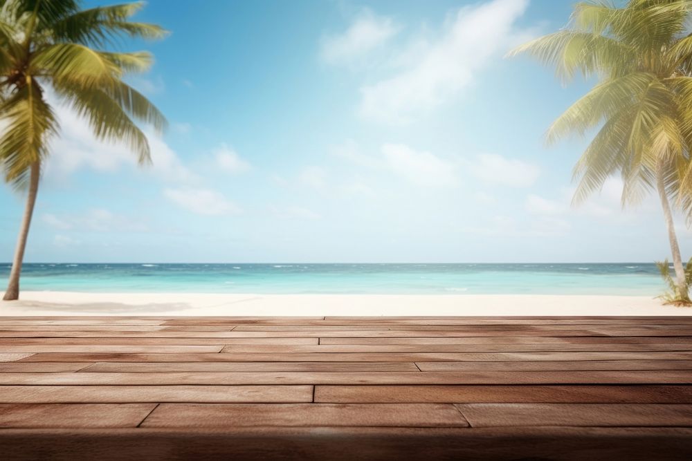 Wooden table summer beach outdoors. AI generated Image by rawpixel.