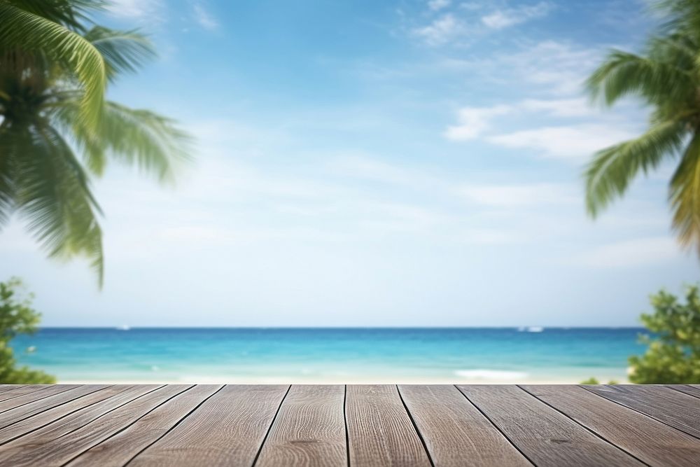 Wooden table outdoors tropical horizon. AI generated Image by rawpixel.