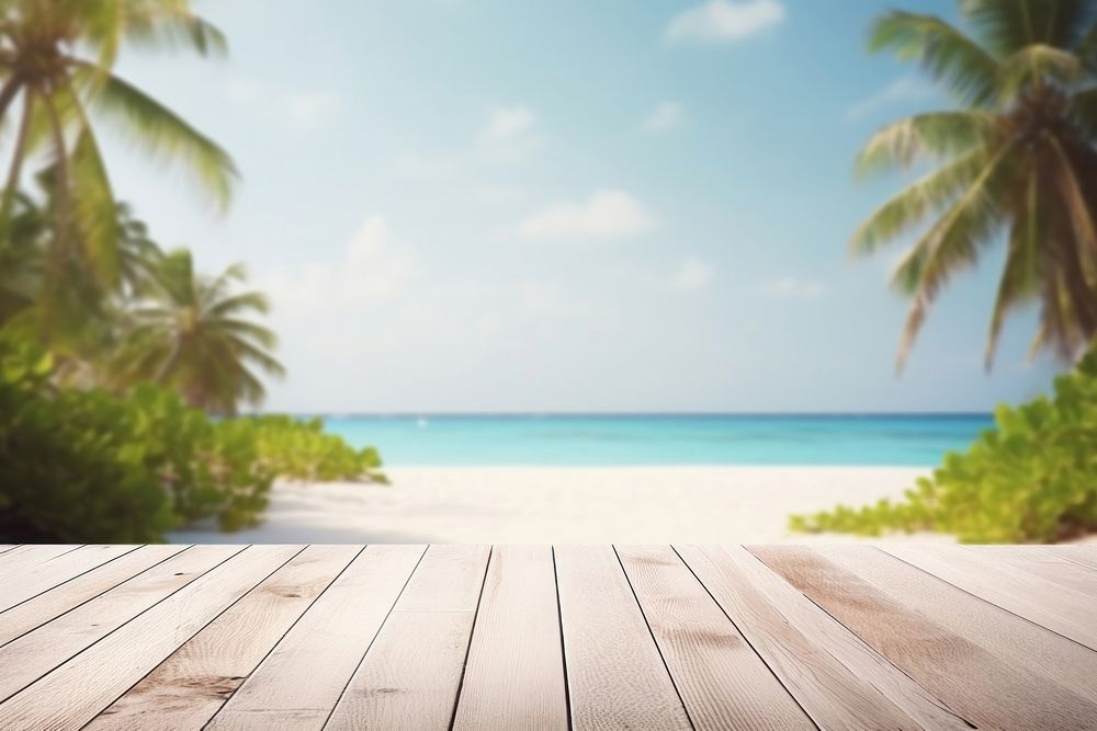 Wooden table summer outdoors tropical. AI generated Image by rawpixel.