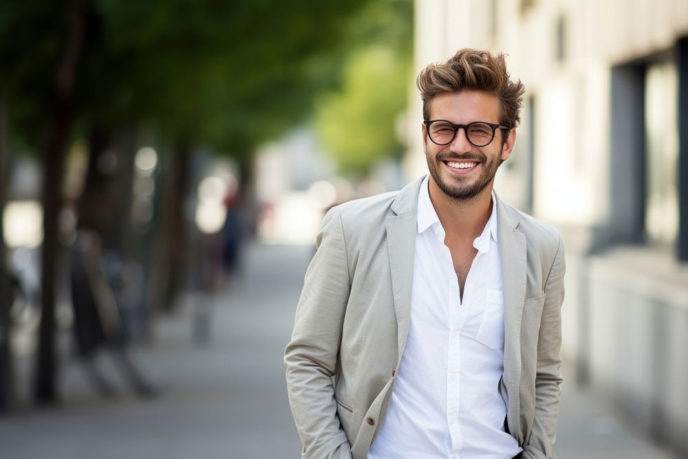 Man glasses smiling blazer. AI generated Image by rawpixel.