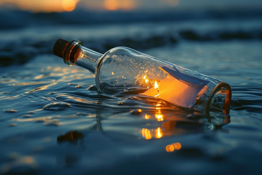 Paper role in a bottle floating on water outdoors glass light.