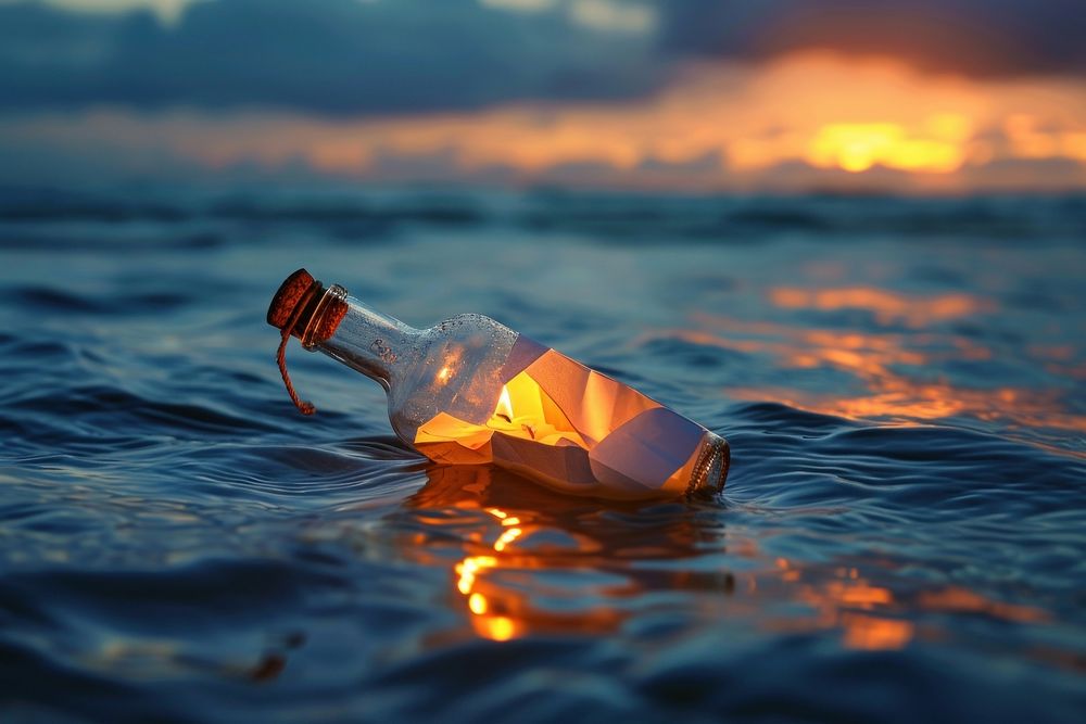 Paper role in a bottle floating on water outdoors nature tranquility.