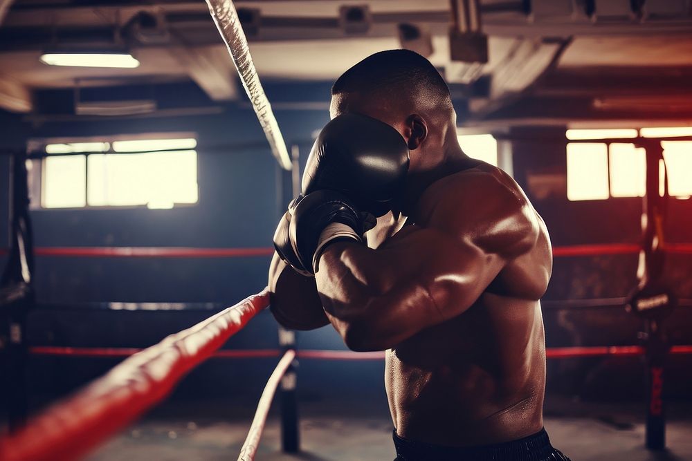 African American man boxing punching sports.