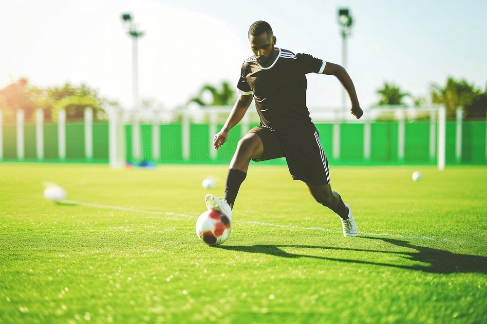 African American man play soccer football sports determination.