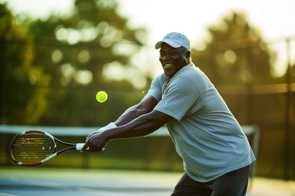 African American mans tennis sports racket.