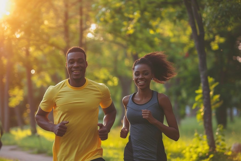 Ethiopian husband and wife running jogging cheerful.