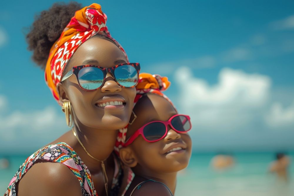 Nigerian mother and daughter sunglasses portrait beach.