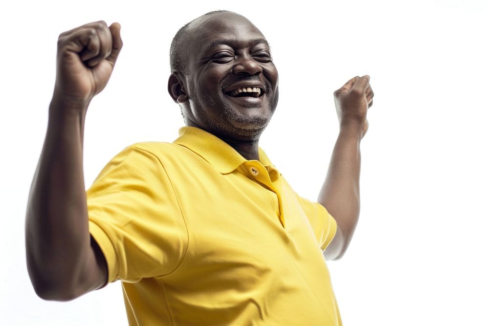 African mid-age man dance laughing portrait yellow. AI generated Image by rawpixel.
