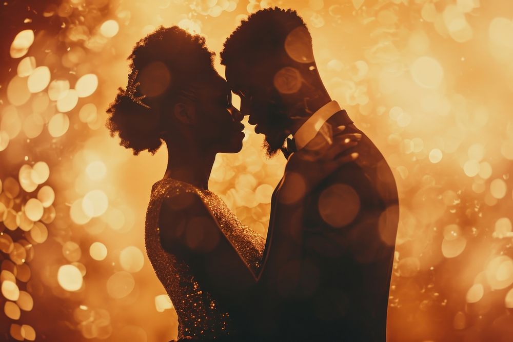 Black people descent couple dancing wedding celebrate adult togetherness affectionate.