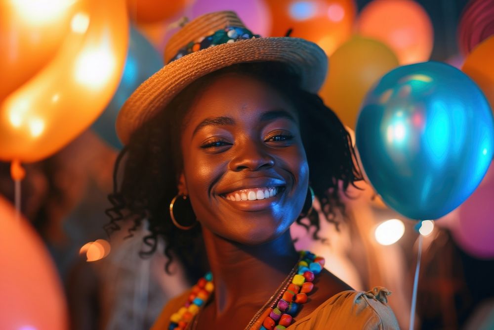 Black woman at birthday party photography portrait balloon.
