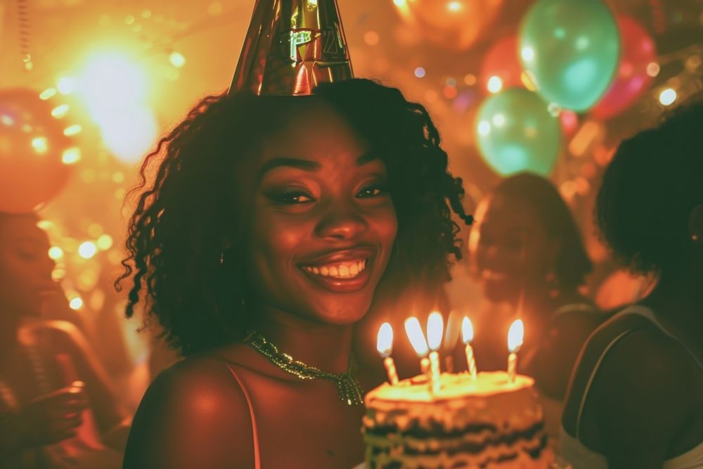 Black woman at birthday party balloon dessert adult.
