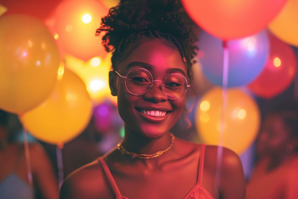 Black woman at birthday party balloon glasses adult.
