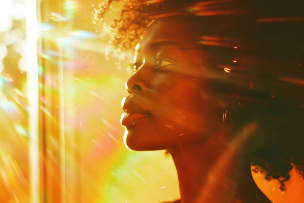 Black woman and excited photography portrait sunlight.