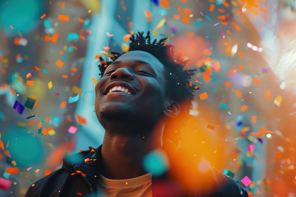 Cheerful black man with confetti enjoying cheerful laughing smile.
