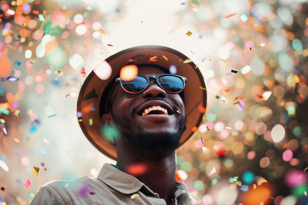 Cheerful black man with confetti enjoying photography cheerful portrait.