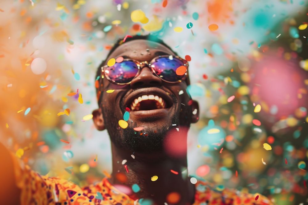 Cheerful black man with confetti enjoying cheerful laughing glasses.