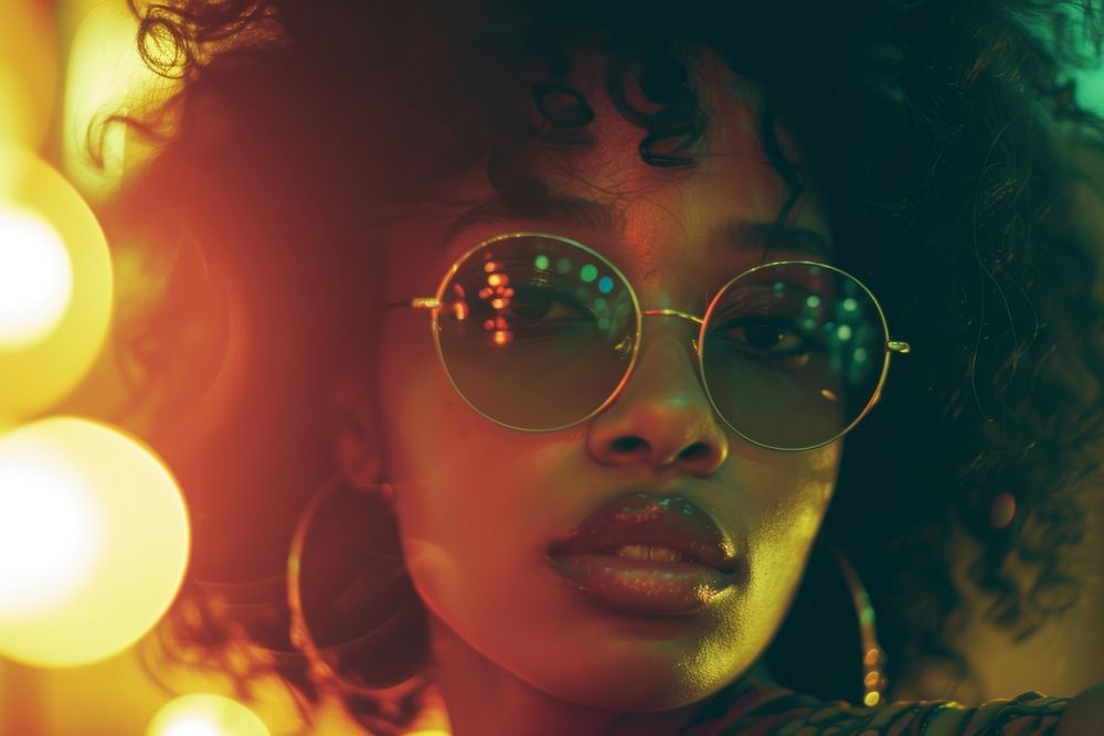 Night and disco with black woman at party for club photography sunglasses portrait.