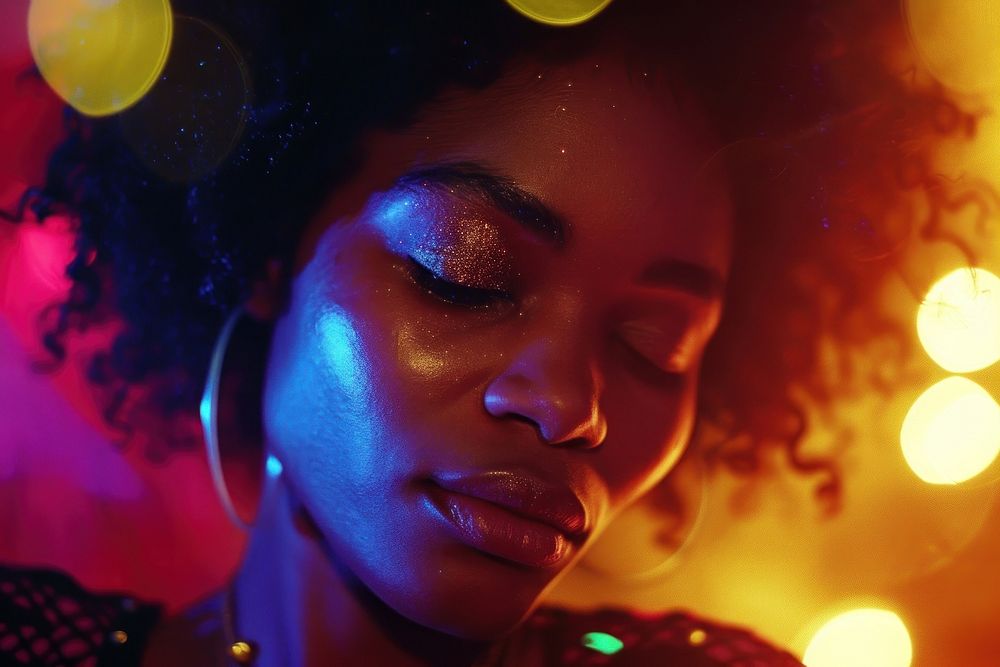 Night and disco with black woman at party for club photography portrait adult.