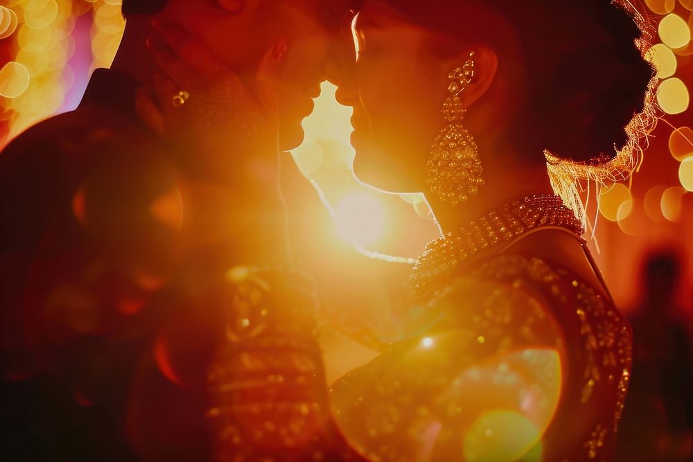 Close up Indian gay couple dancing on wedding celebrate light kissing adult.