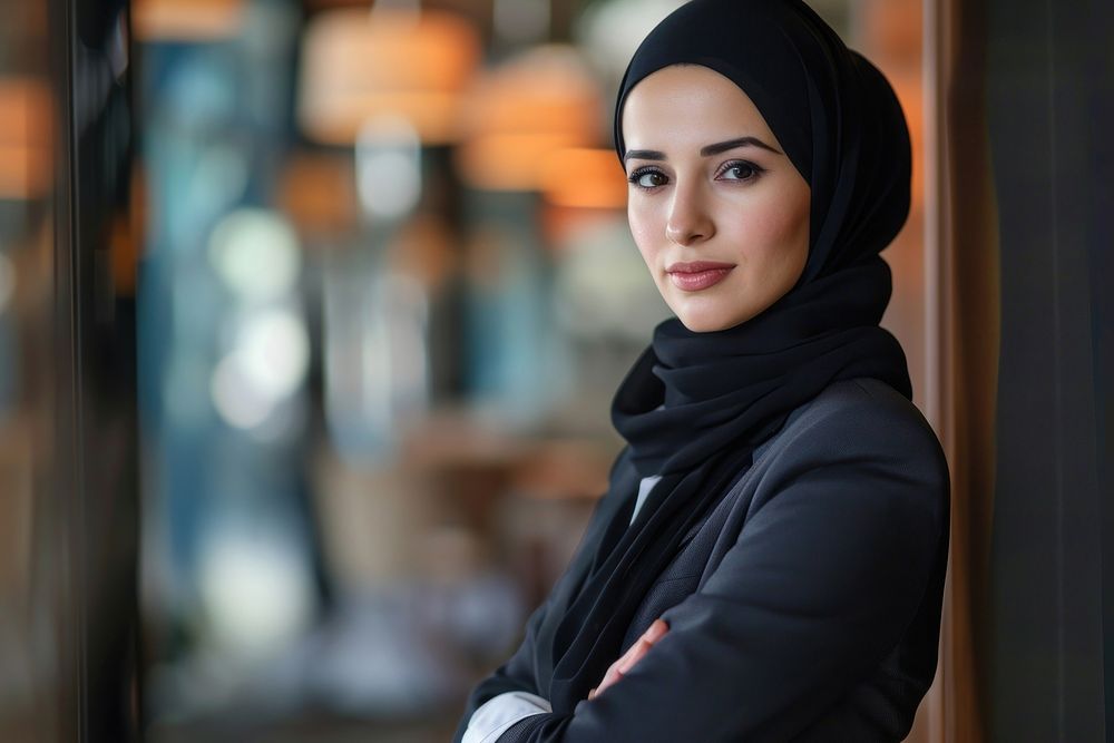 Confident arab woman scarf architecture headscarf.