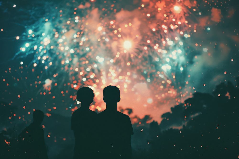 Fireworks with silhouettes of black people light outdoors nature.