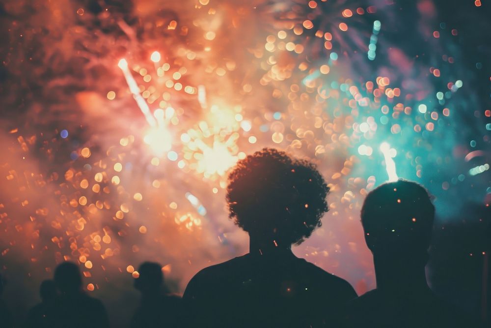 Fireworks with silhouettes of black people light adult togetherness.