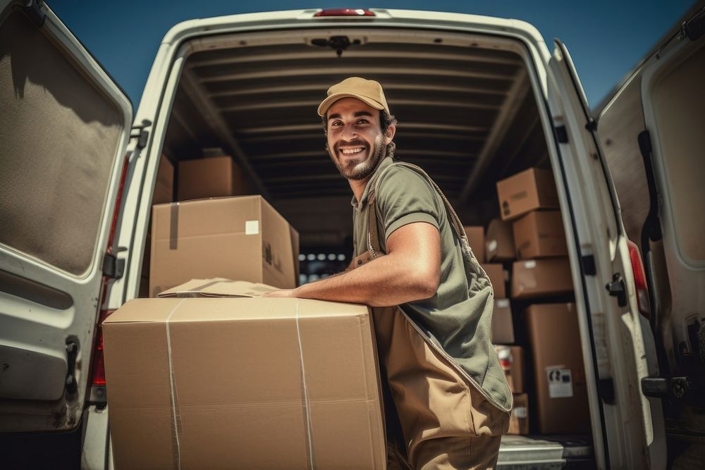 Happy manual worker cardboard box carrying. AI generated Image by rawpixel.