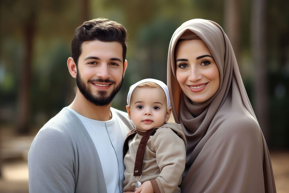 Happy Arabian family portrait adult baby. AI generated Image by rawpixel.