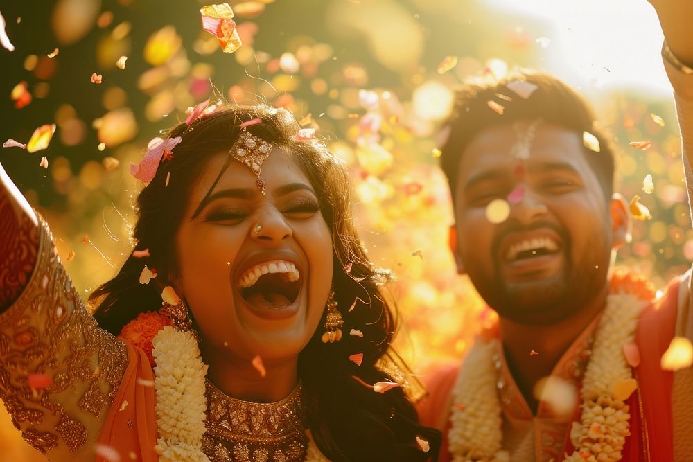 Happy Bangladeshi couple celebrating laughing wedding adult.