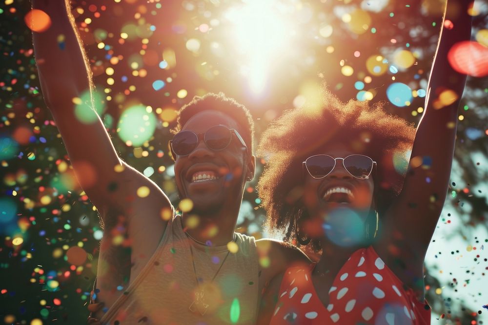 Happy black couple celebrating photography sunglasses portrait.