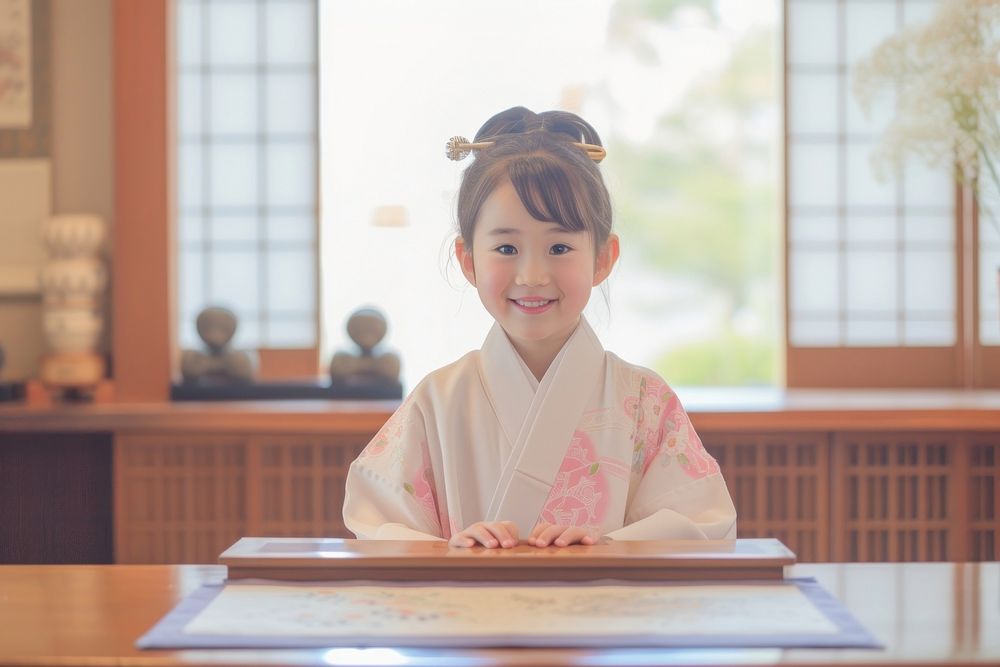 Little Japanese girl cashier child robe architecture.