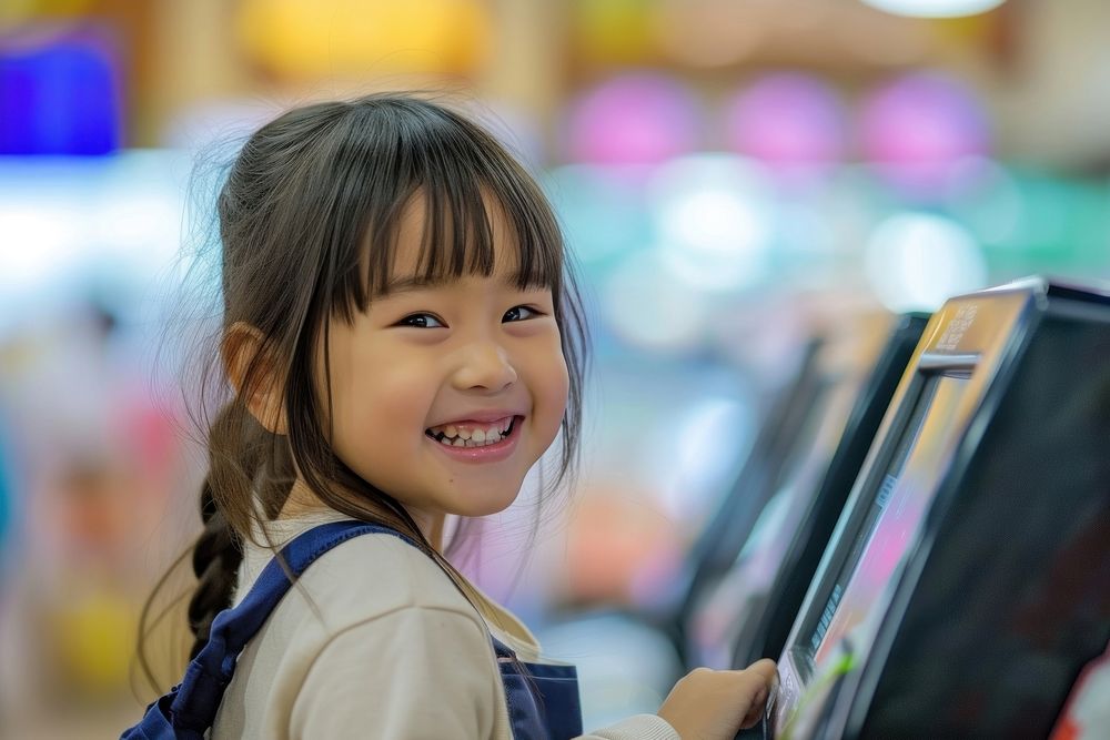 Little Japanese girl cashier child smile happy.