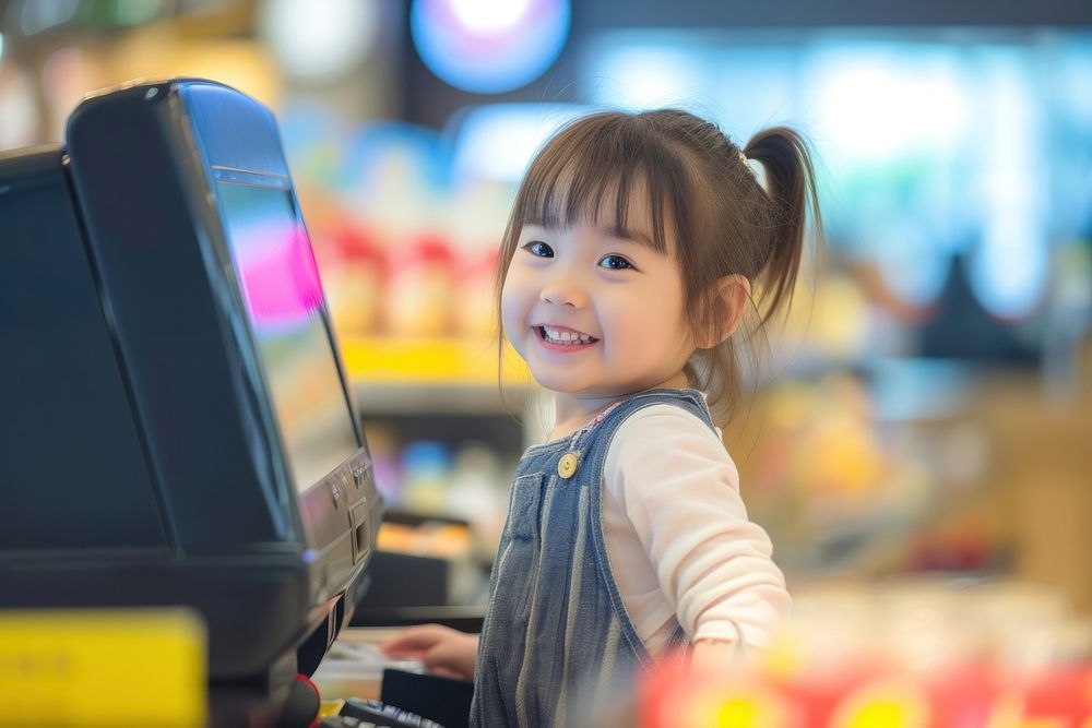 Little Japanese girl cashier supermarket child happy.