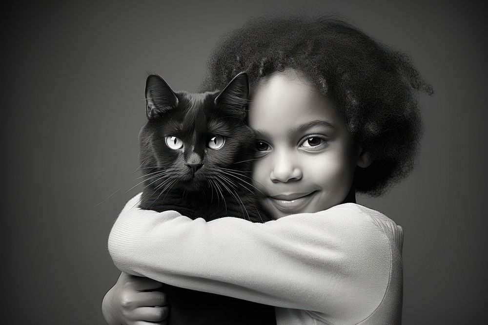 Kid hugging cat portrait mammal animal.