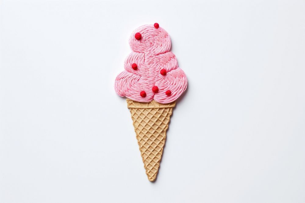 Cute minimal Ice cream in embroidery style dessert food strawberry.