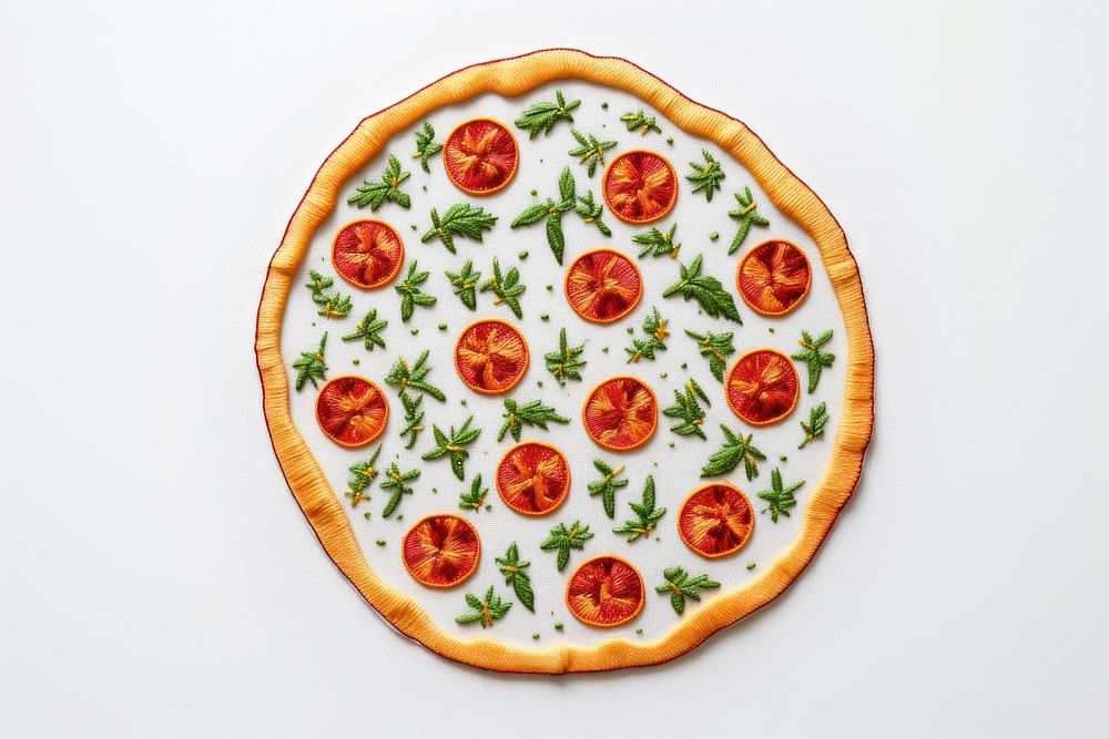 Cute minimal pizza in embroidery style plate food mozzarella.