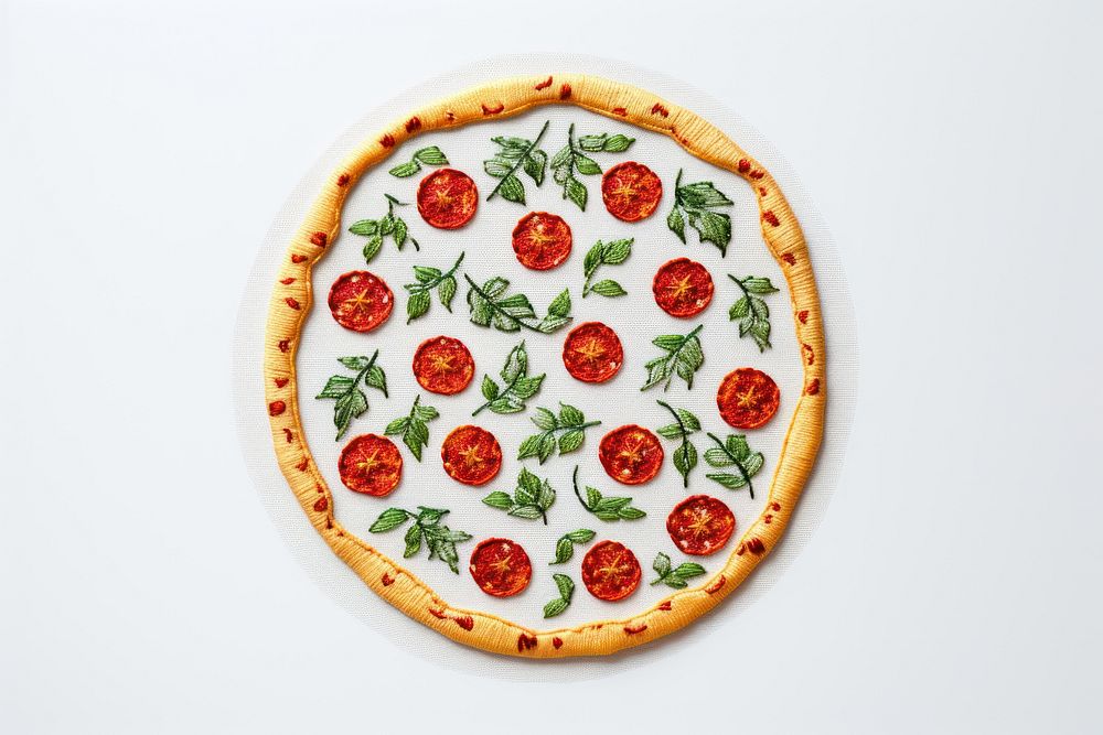 Cute minimal pizza in embroidery style food mozzarella vegetable.