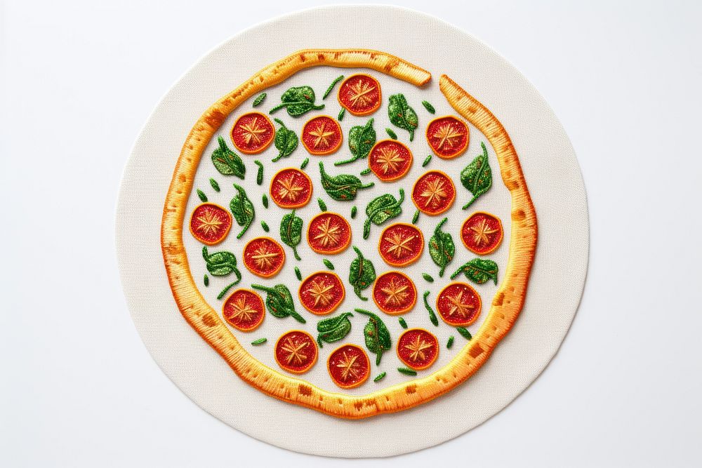 Cute minimal pizza in embroidery style plate food meal.
