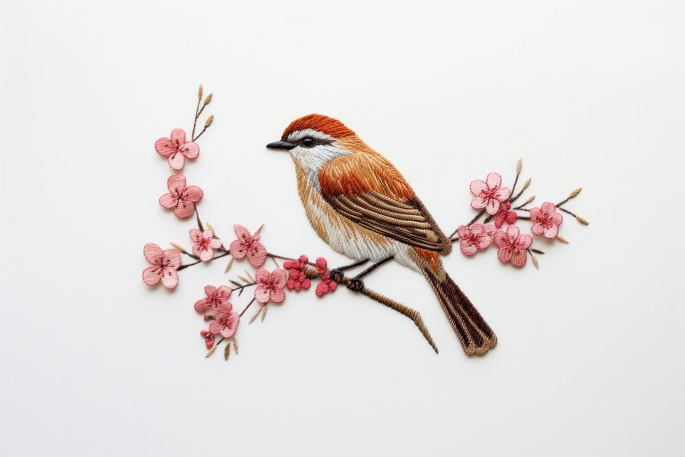 Cute bird in embroidery style sparrow flower animal.
