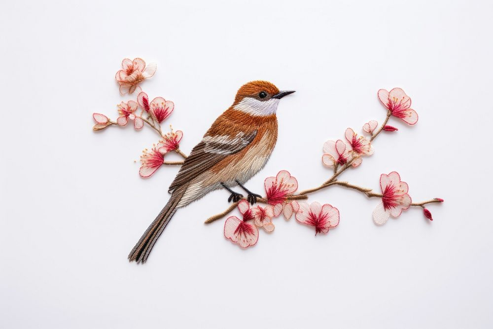 Cute bird in embroidery style animal flower plant.