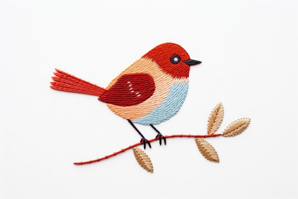 Cute bird in embroidery style animal art representation.