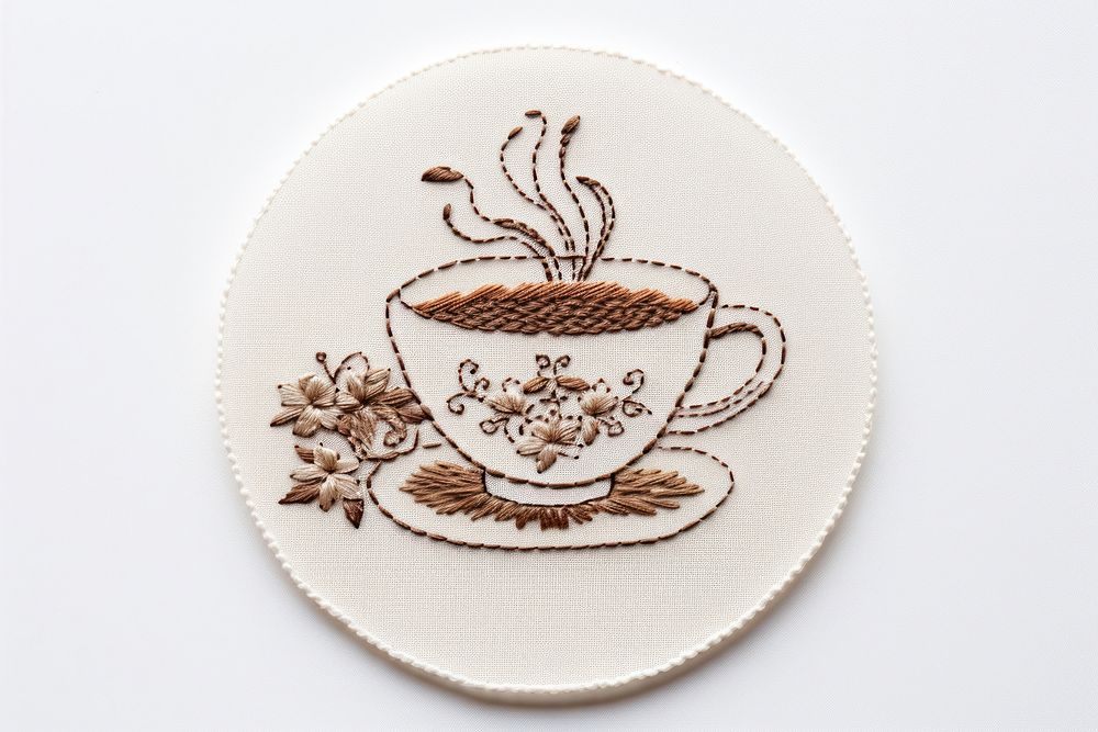 Cute Coffee in embroidery style porcelain pattern saucer.