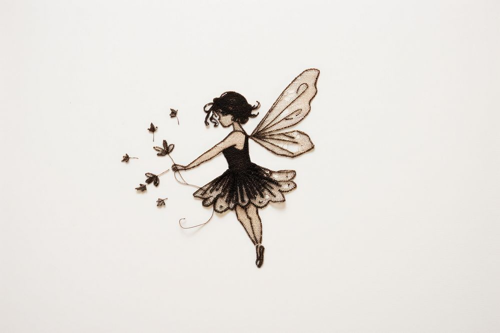 Cute flying Fairy in embroidery style fairy representation calligraphy.