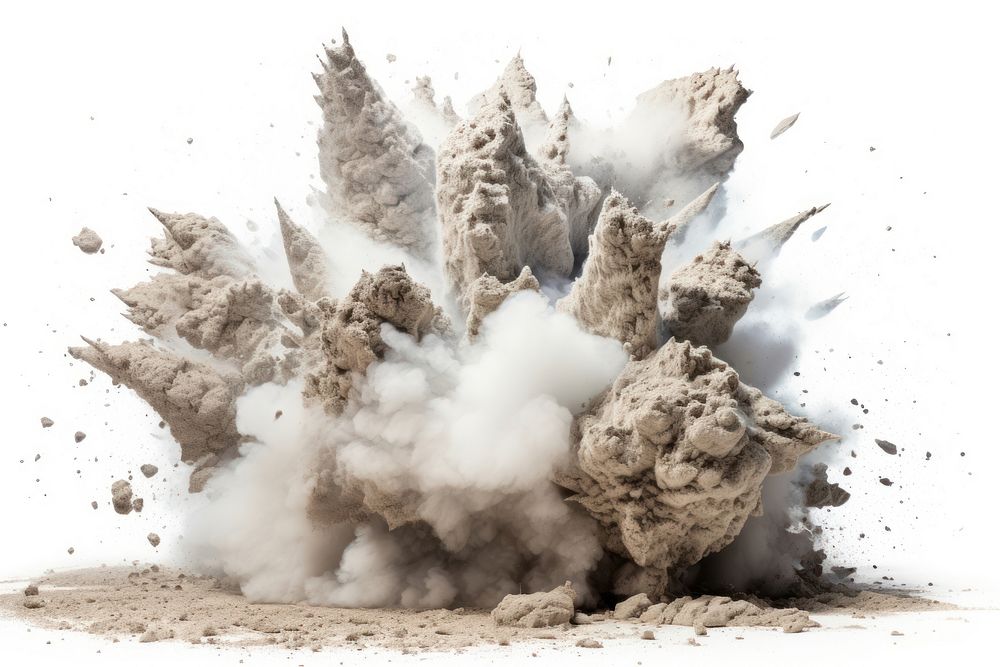 Explosion outdoors dust white background.