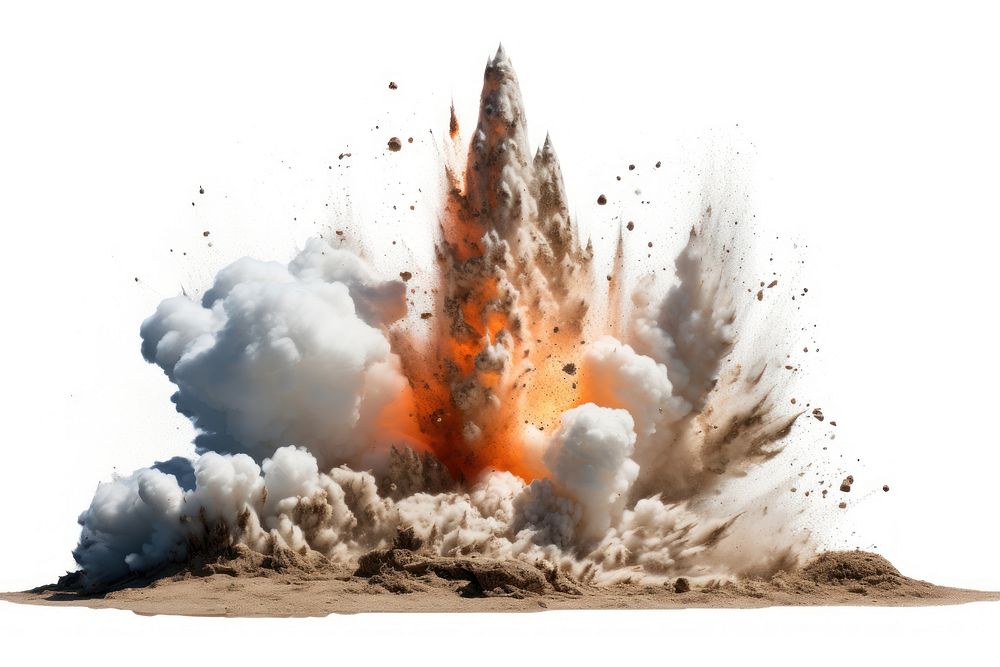 Explosion outdoors fire white background.