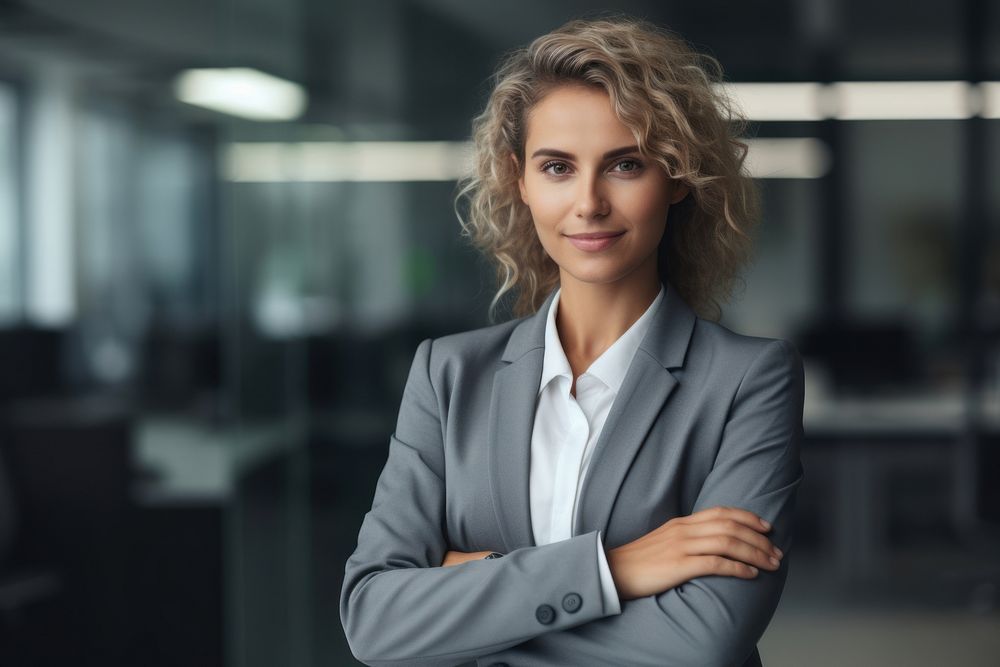 Woman in gray suit portrait smiling looking. AI generated Image by rawpixel.