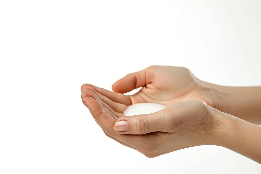 A woman hands with lotion finger white background medicine.