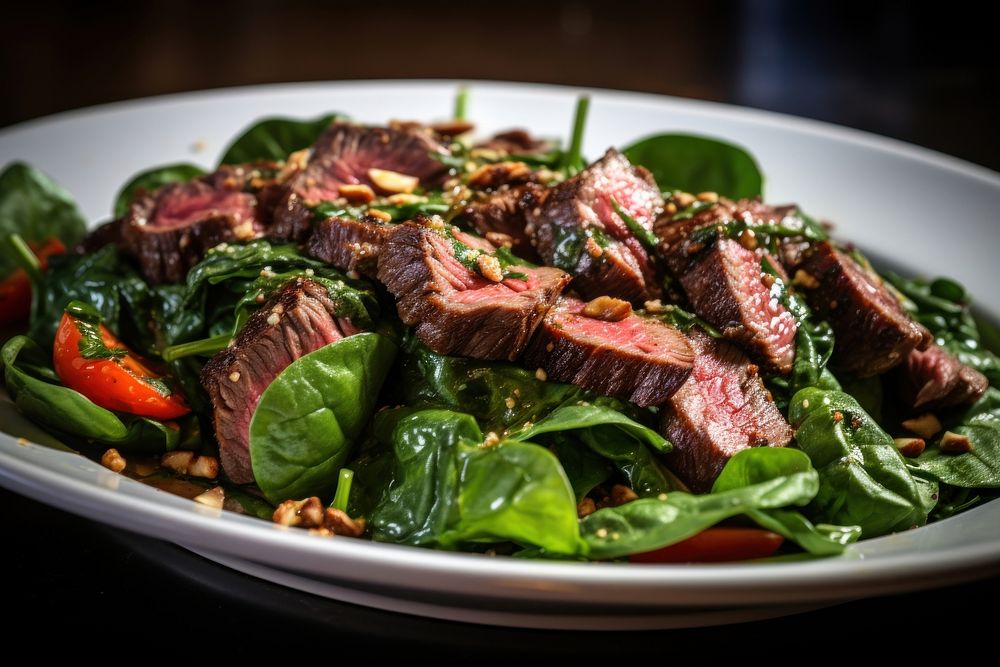 Spinach salad with steak vegetable food meat.