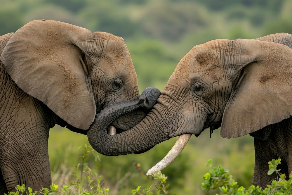 Elephants touching each other greeting elephant wildlife animal.