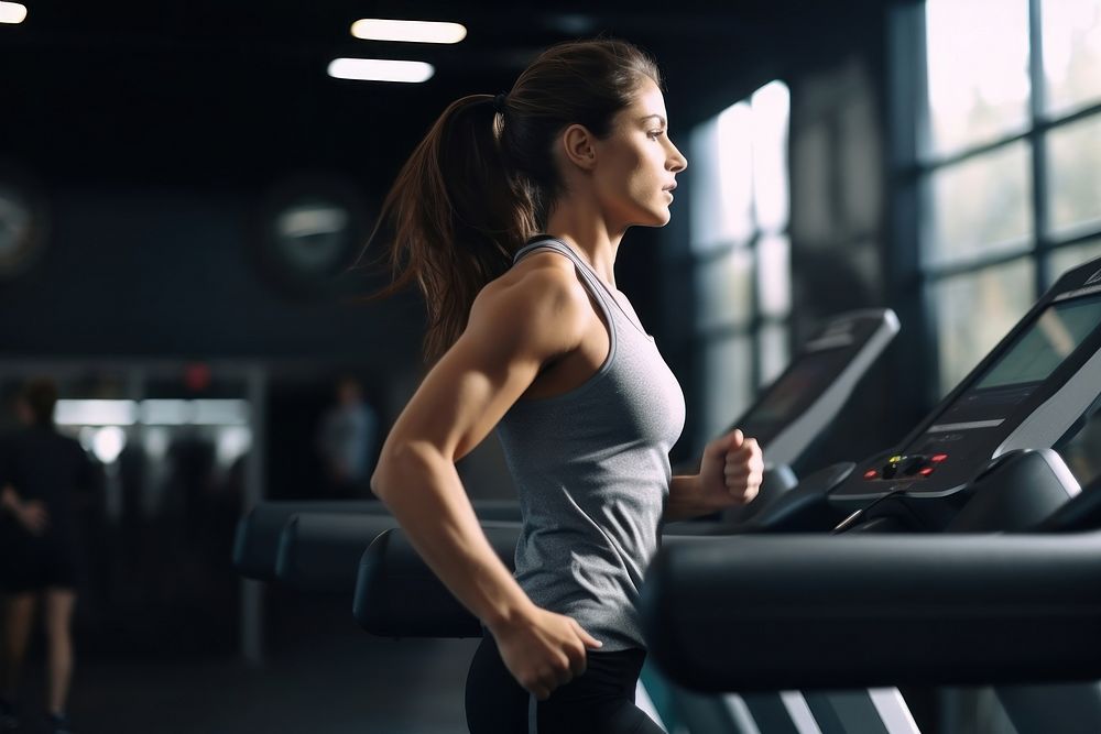 Muscular woman treadmill gym running. 